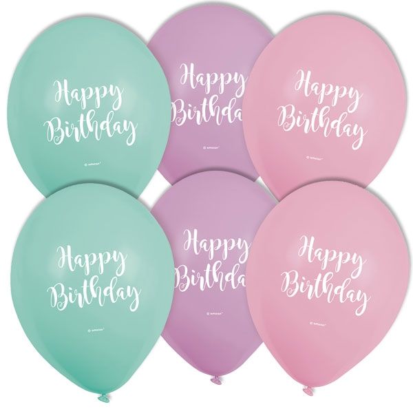 Pastell Luftballons, Happy Birthday, 6 Stk, Ø22,8cm