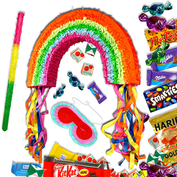 Pinata-Sparset Regenbogen: Pinata zum Schlagen +Keule +Maske +Süßes