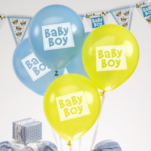 Latexballons Kleine Eule "Baby Boy" im 8er Pack, blau/gelb