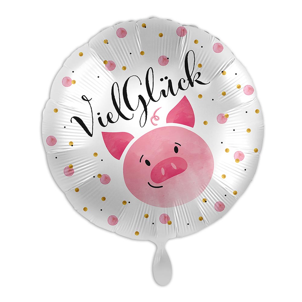 Ballongruß "Viel Glück", rund rosa Schweinchen Ø 35cm