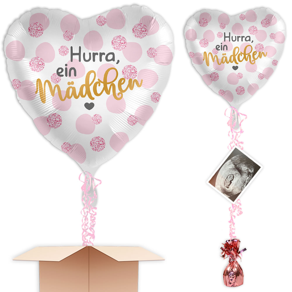 Ballonversand inkl. Helium, Bänder, Gewicht "Hurra, ein Mädchen" zur Geburt