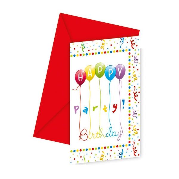 Einladungskarten, Happy Birthday Luftschlangen 6er Pack, Umschläge