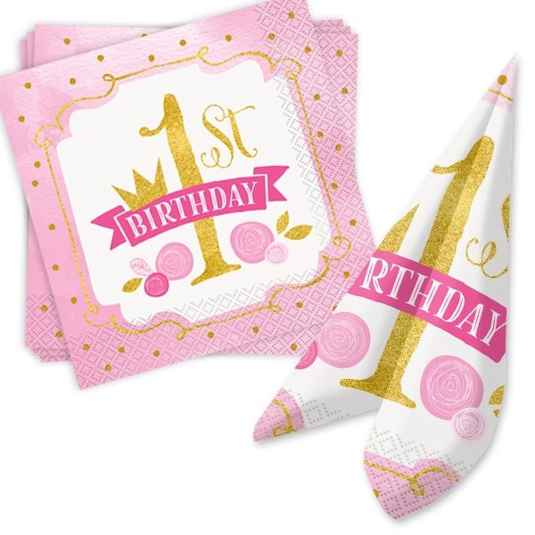 "1st Birthday", Servietten in pink & gold, 16 Stück