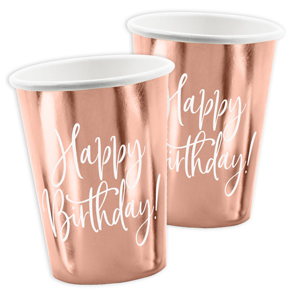 Partybecher "Happy Birthday" in roségold, Pappe, 6er Pack, 260ml