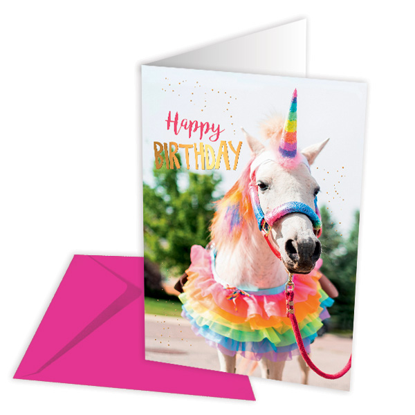 Glückwunschkarte zum Geburtstag, Pferd als Einhorn, "Happy Birthday", 1 Stk.