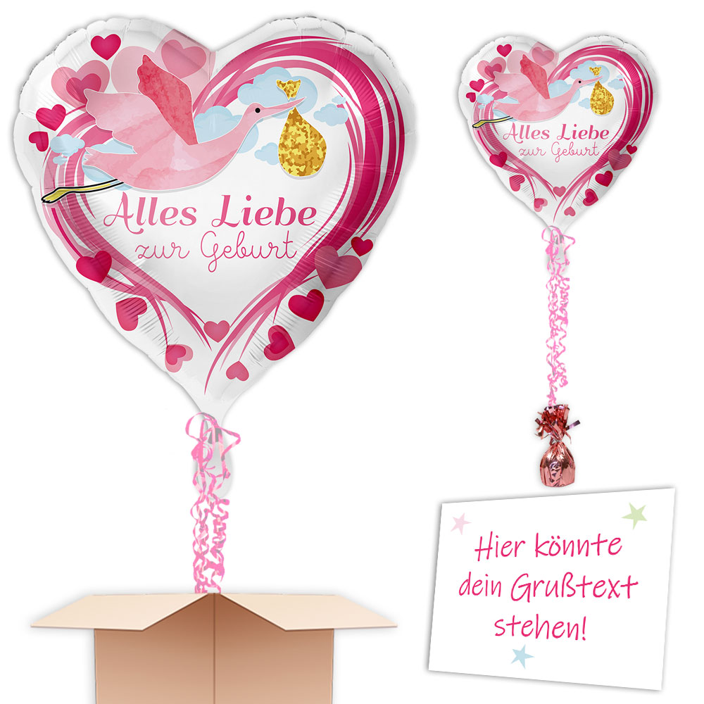 Ballongruß "Alles Liebe zur Geburt", Herz pink, 35cm x 33cm