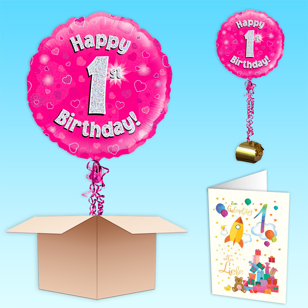 Ballongruß "1st Birthday Pink Glitzer", Folienballon im Karton