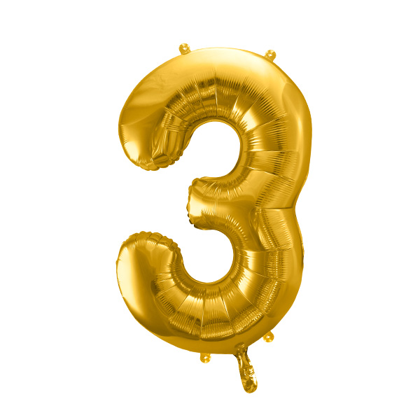 XXL Zahlenballon "3" zum 3. Geburtstag in gold, 86cm hoch