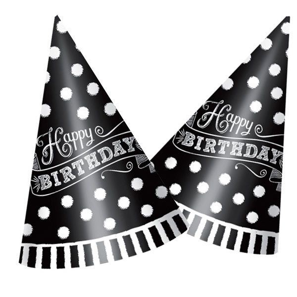 Black & White Partyhütchen im 12er Pck, Papphüte zum Geburtstag