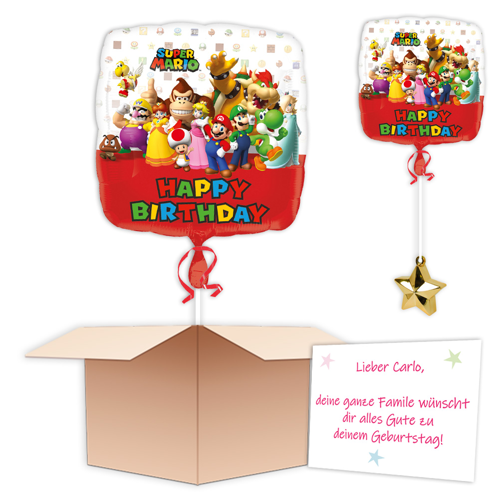 Ballon-Gruß "Happy Birthday Super Mario", Folienballon im Karton