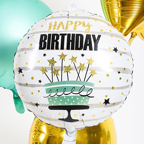 Happy Birthday Folienballon mit Geburtstagstorte-Motiv, Ø 35cm