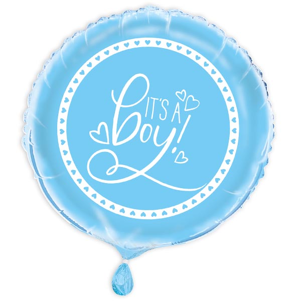 Ballongruß "It's a Boy" in blau mit Herzchen, rund, Ø 35cm