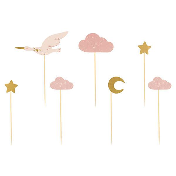 Dekopicker Storch, Sterne, Wölkchen, Mond in rosa und gold, 7 Stück 