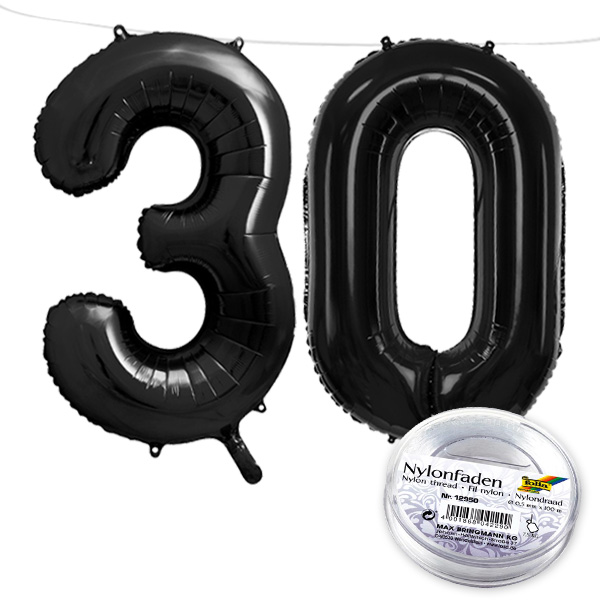 30. Geburtstag, XXL Zahlenballon Set 3 & 0 in schwarz, 86cm hoch