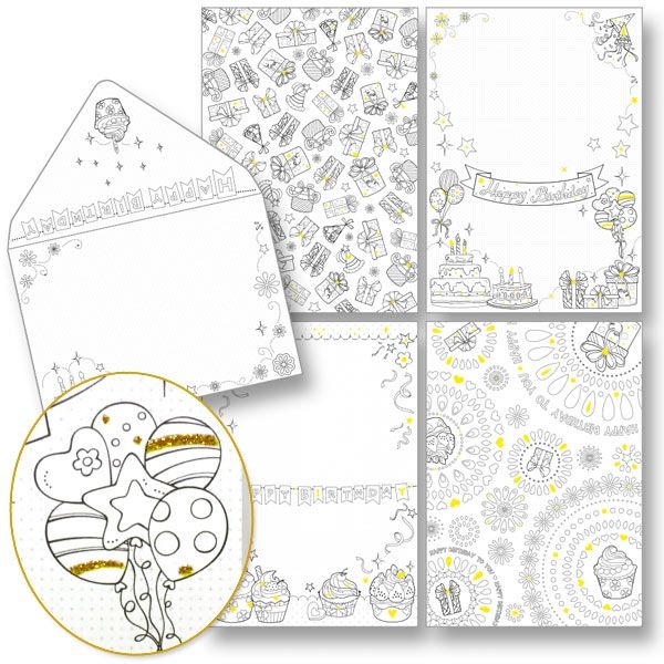 Design-Ausmalkarten Geburtstag plus Kuverts, mit Glitter, 15cm x 11cm, Happy Birthday