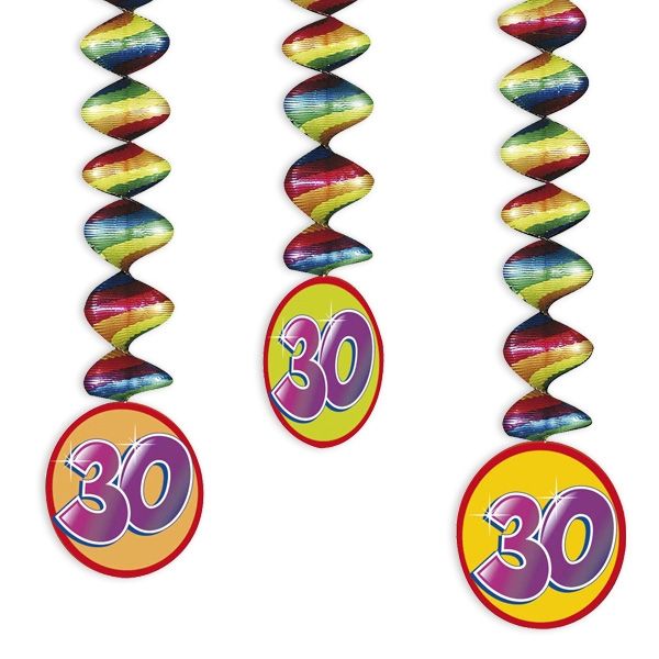 Rotor-Spiralen, Zahl "30", Regenbogen-Farben, 3 Stück