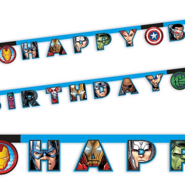 Partykette Avengers, Happy Birthday Buchstabenkette aus Pappe, 2m