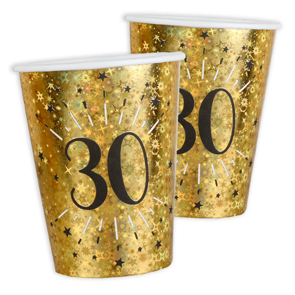 Pappbecher "30" in Gold, holografisch glitzernd, 10er Pack, 270ml