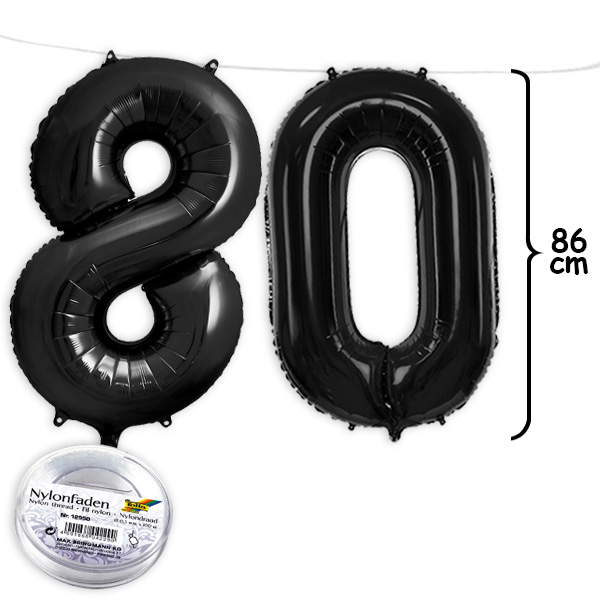 80. Geburtstag, XXL Zahlenballon Set 8 & 0 in schwarz, 86cm hoch