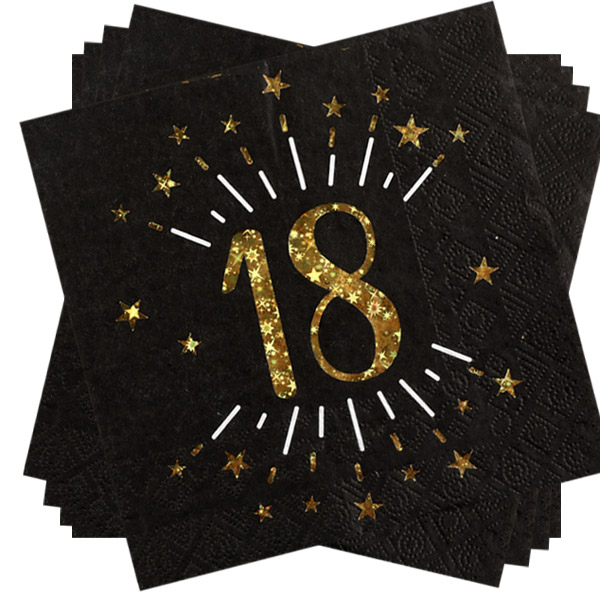 Servietten "Zahl 18" in Schwarz mit goldener Schrift, 10er Pack, 33cm