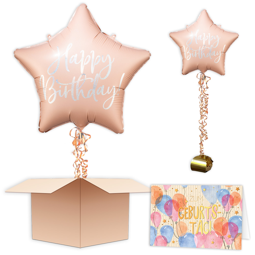 Ballongruß "Happy Birthday Rosa Stern", Folienballon im Karton