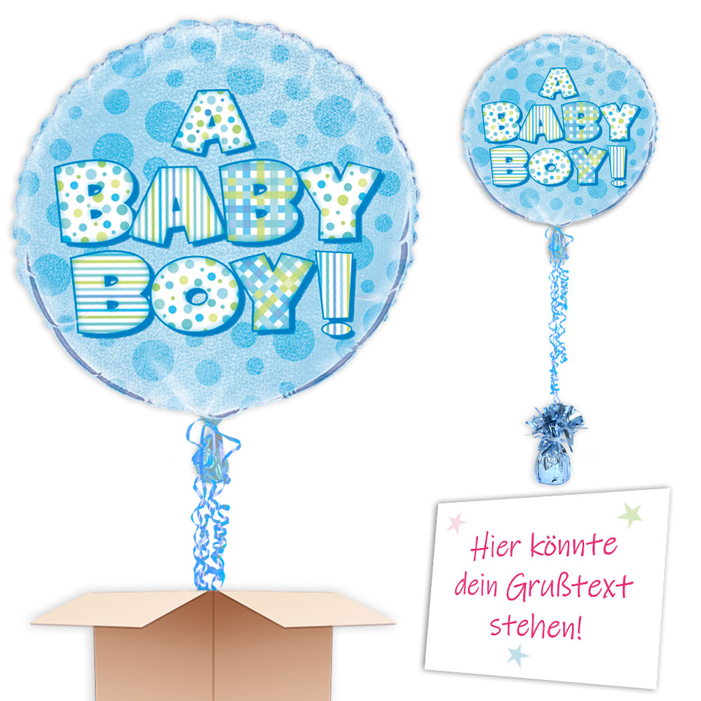 Ballongruß "A Baby Boy" in blau, rund, Ø 35cm