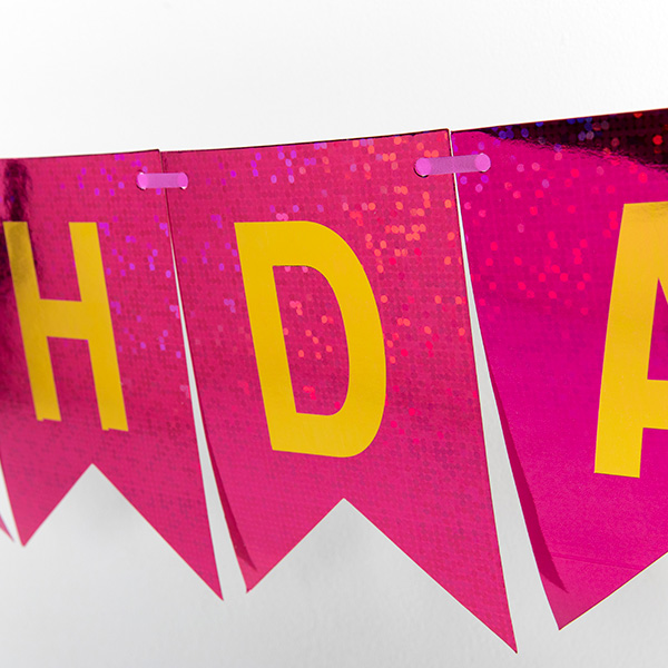 Happy Birthday-Wimpelkette in pink, holografisch glitzernd