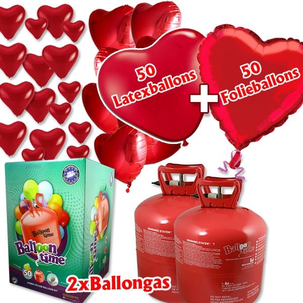 Ballongas-Set mit 50 Herzballons Folie/Latex +2 Heliumflaschen (50er)