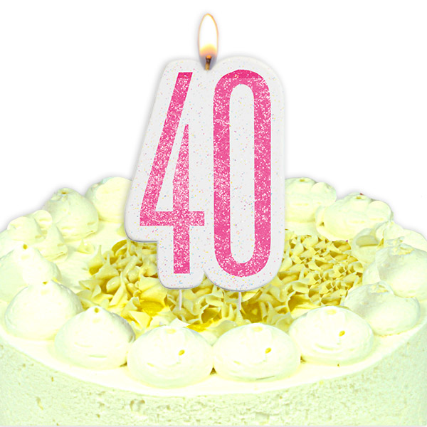 Geburtstagskerze Zahl 40, in schimmerndem Pink für Torten