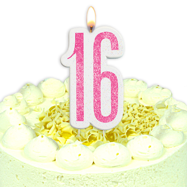 Birthday-Zahlenkerze als 16 mit Glitter in Pink