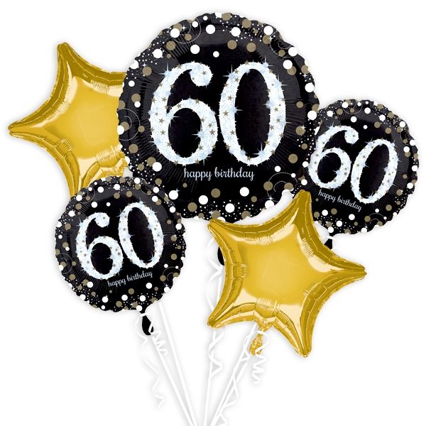 Folienballon-Set 60. Happy Birthday, gold/schwarz 5 Stk, verpackt