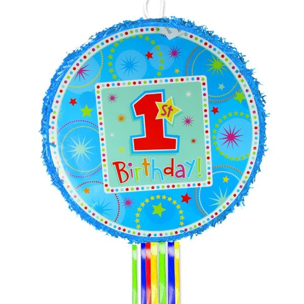 1. Geburtstag Zugpinata, Birthday Boy, mit bunten Bändeln, 20 Bändel