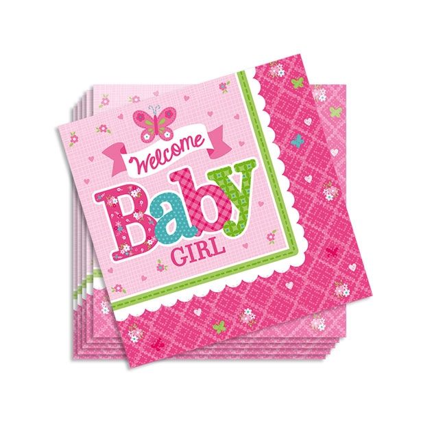 Welcome Baby Girl, kleine Papierservietten, 16er Pck, 25cm, Servietten Baby Shower