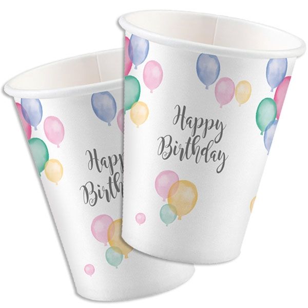 Pappbecher, Happy Birthday Ballons Pastell, ca. 250ml, 8er Pack