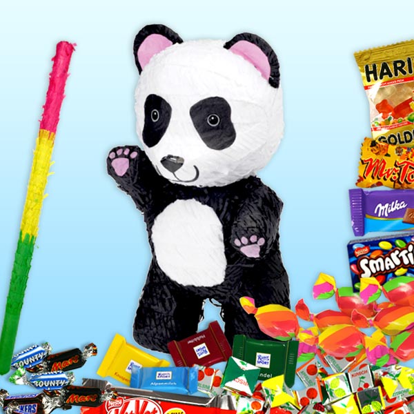 Panda Pinata-Set mit Keule und Süßigkeiten-Mix