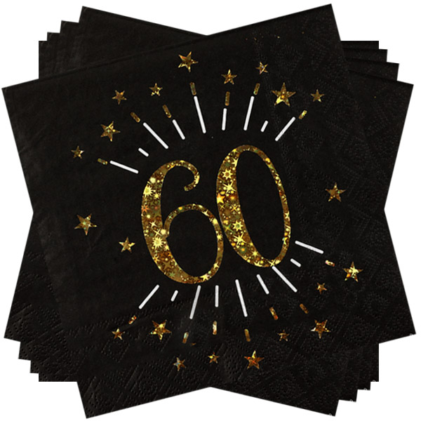 Servietten "Zahl 60" in Schwarz mit goldener Schrift, 10er Pack, 33cm