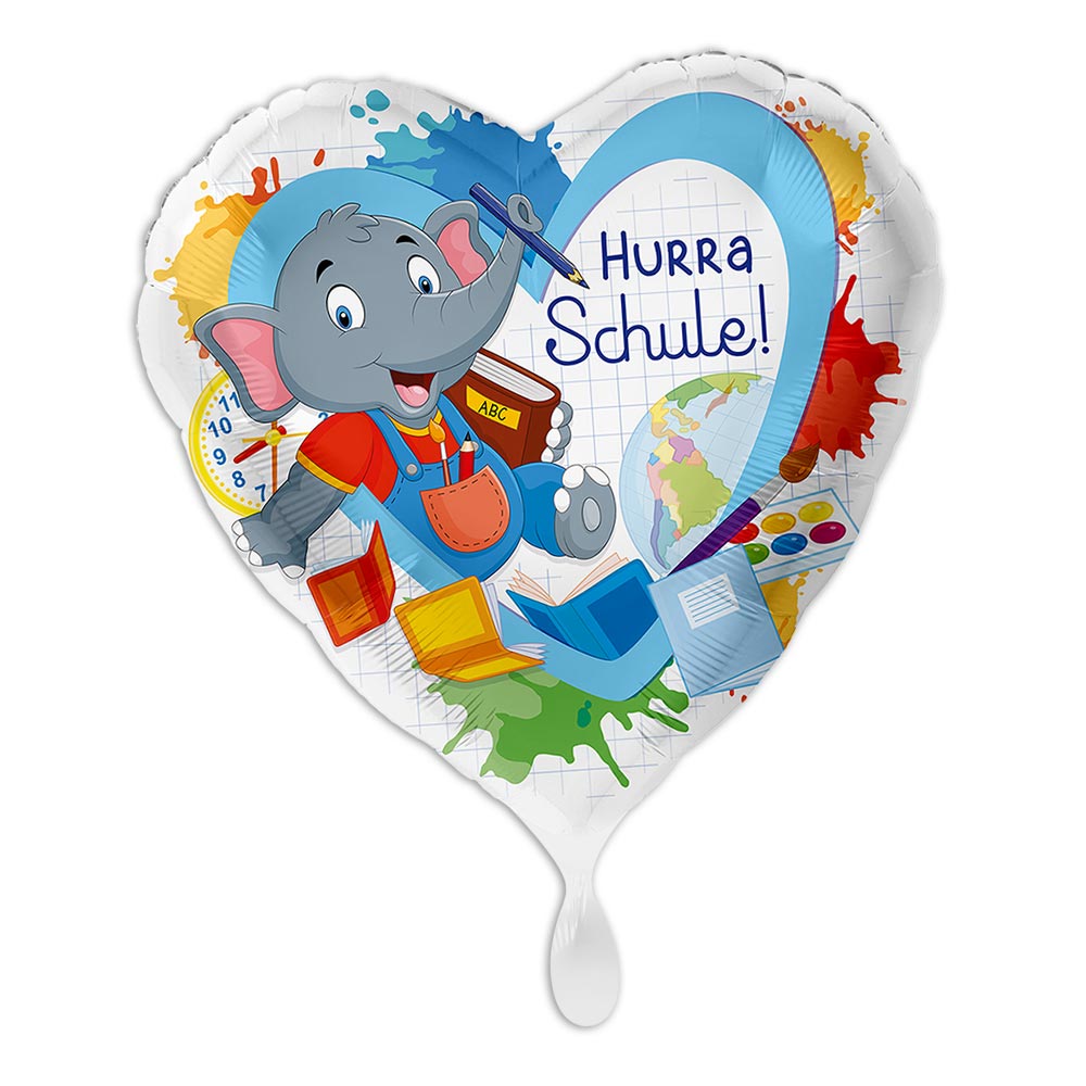 Ballongruß "Hurra Schule" mit Elefantenmotiv, Herz  Ø 35cm x 33cm