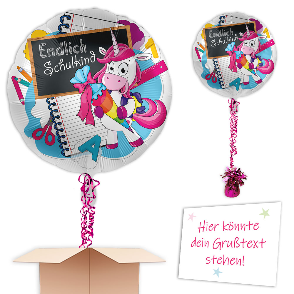 Ballongruß Einschulung "Endlich Schulkind" mit Einhorn, Ø 34cm