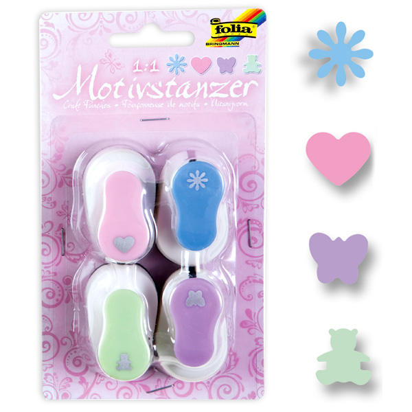 Motiv-Stanzer, 4er Set mit Herz, Bär, Schmetterling, Blume, für Konfetti in Form, Durchm. Konfettis 