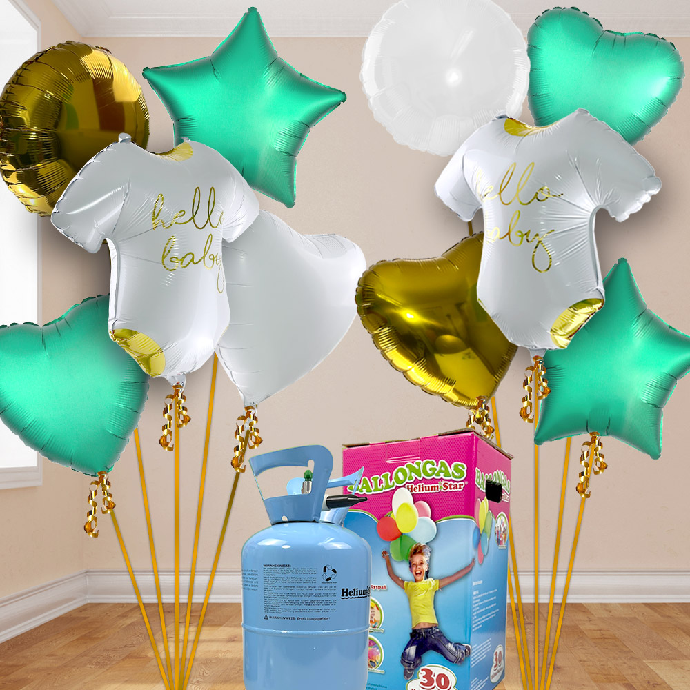 Babyparty Heliumballon Set mint-weiss-gold mit 10 Folienballons inkl. Heliumgas