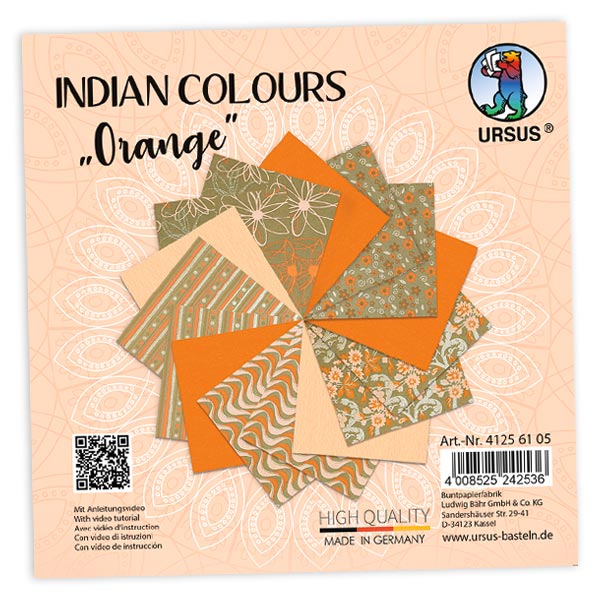 15 Blatt Bastelpapier, Indian Colors in Orangetönen, 13,7cm x 13,7cm