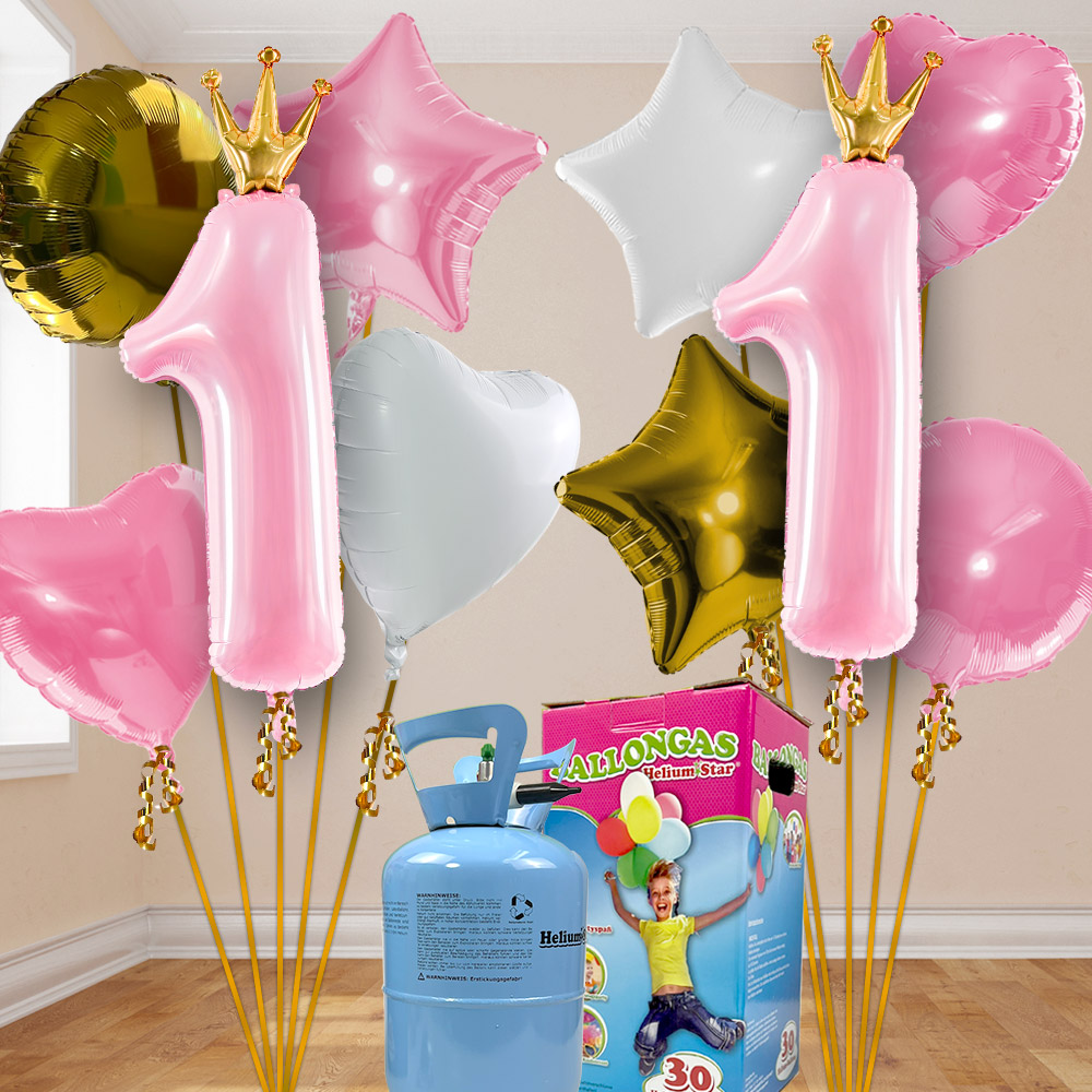 1. Geburtstag Heliumballon Set Mädchen mit 10 Folienballons inkl. Heliumgas