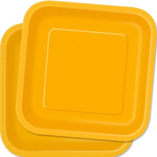 Eckige Partyteller in Gelb, 14 Stück, quadratische Pappteller, 23 cm
