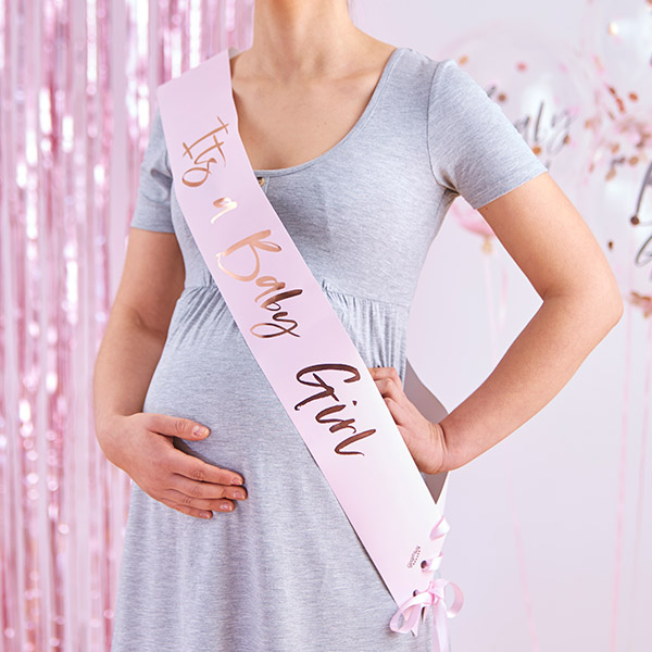 Papier-Schärpe "It's a Baby Girl", rosa mit rosegold foliert, 75cm