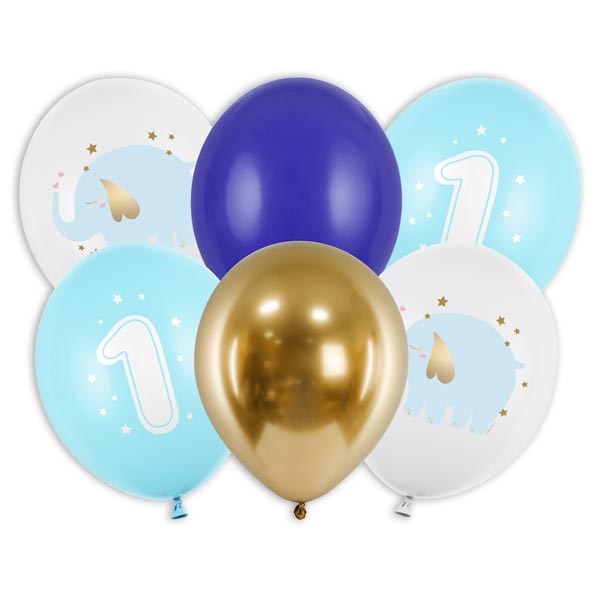 6 Luftballons in blau, weiß und gold zum 1. Geburtstag, 30cm