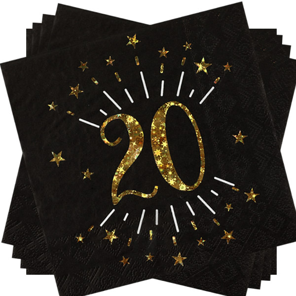 Servietten "Zahl 20" in Schwarz mit goldener Schrift, 10er Pack, 33cm