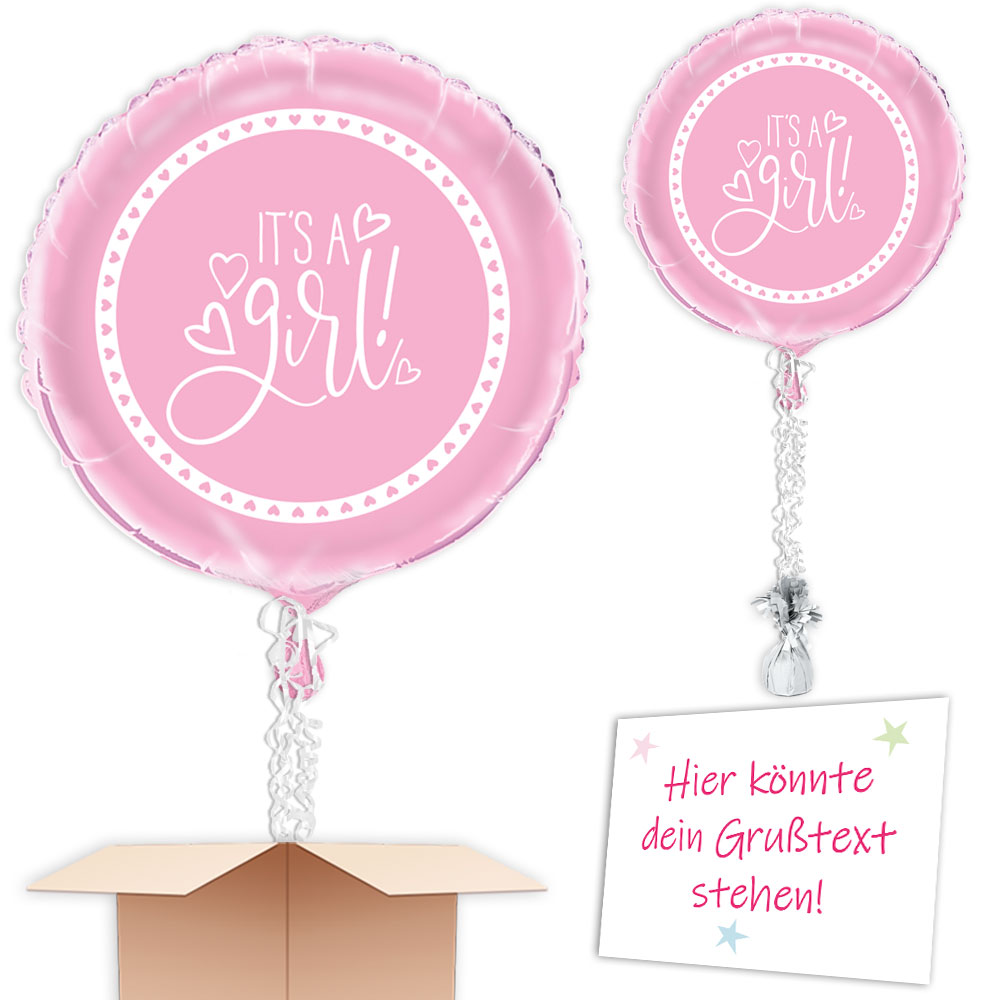 Ballongruß "It's a Girl" in rosa mit Herzchen, rund, Ø 35cm