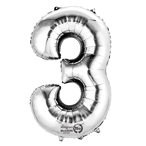 Mini Folienballon Zahl 3, silberner Zahlenballon 3. od. 30. Geburtstag