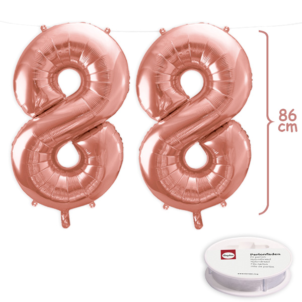 88. Geburtstag, XXL Zahlenballon Set 2x8 in roségold, 86cm hoch