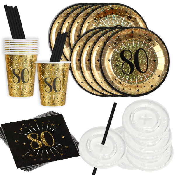 Basicset zum 80. Geburtstag in schwarz-gold glitzernd, 52-teilig für 10 Gäste